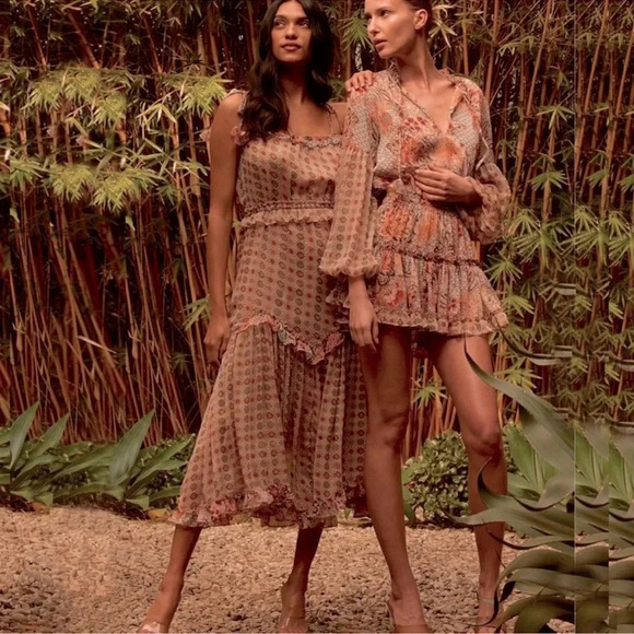 MISA Nita Midi Ruffle Dress in Flora Tile Mix Green and Pink Size S NWT - Picture 7 of 13